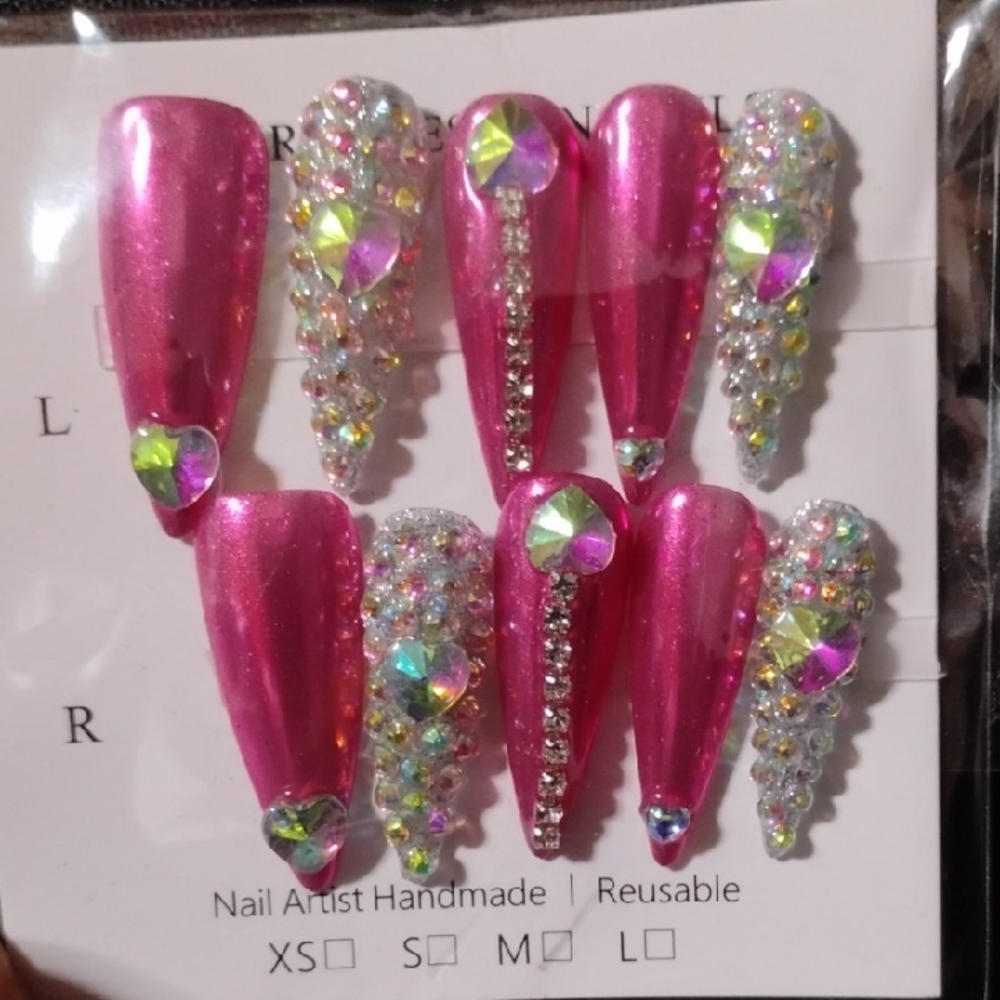Pink and Silver Rhinestone Press-On Nails
